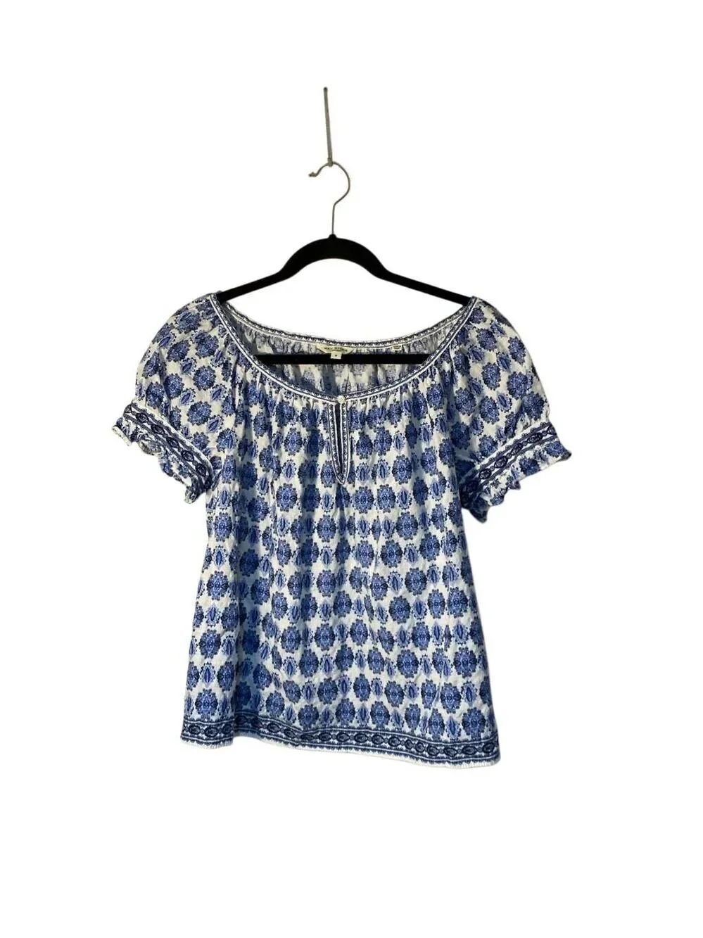 Max studio women’s white and blue Boho peasant blouse S